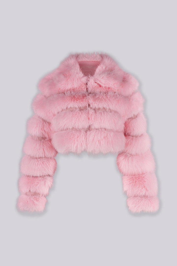 Cropped faux fur jacket with oversized collar and horizontal panel detail throughout