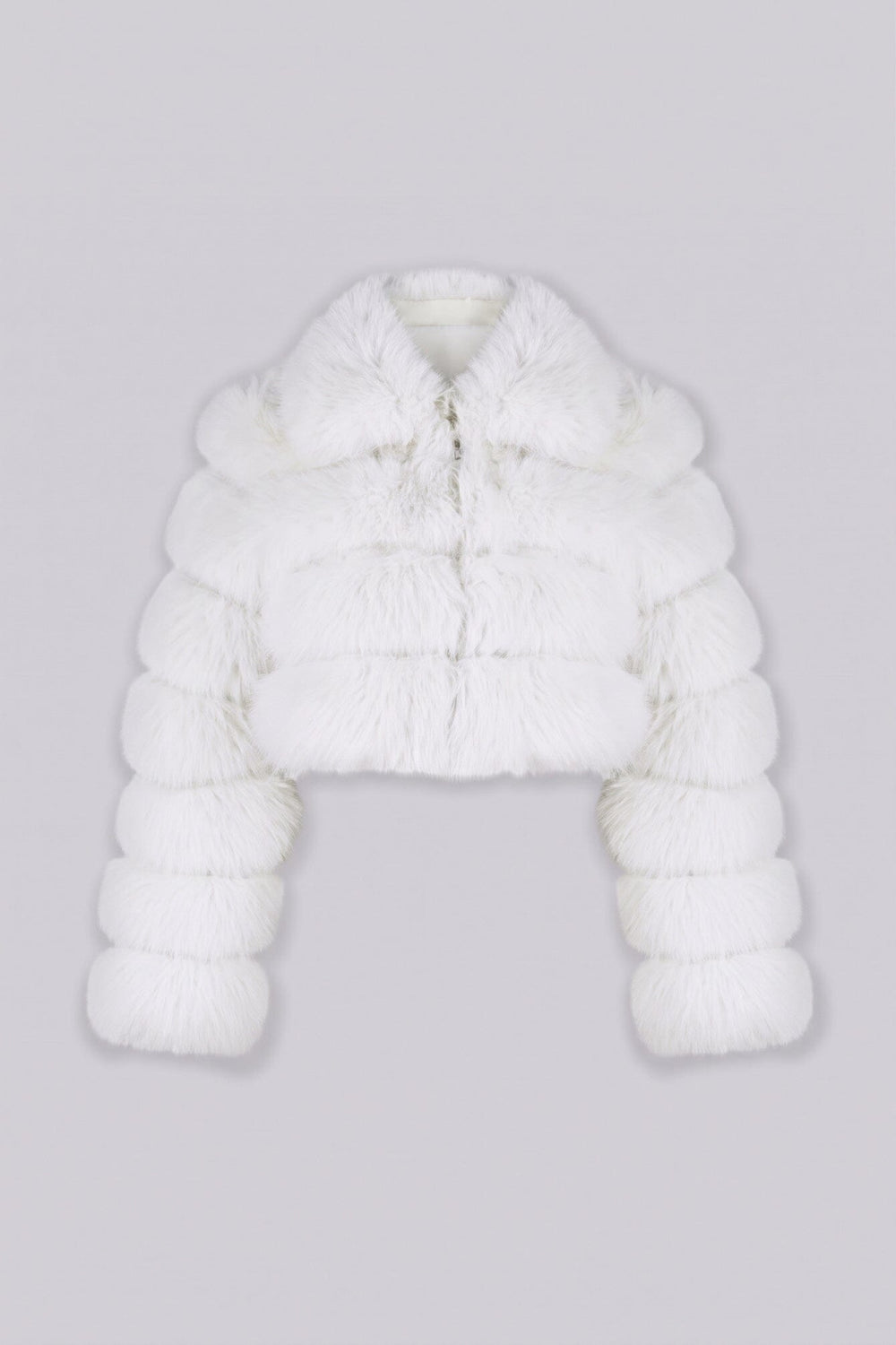 Cropped faux fur jacket with oversized collar and horizontal panel detail throughout