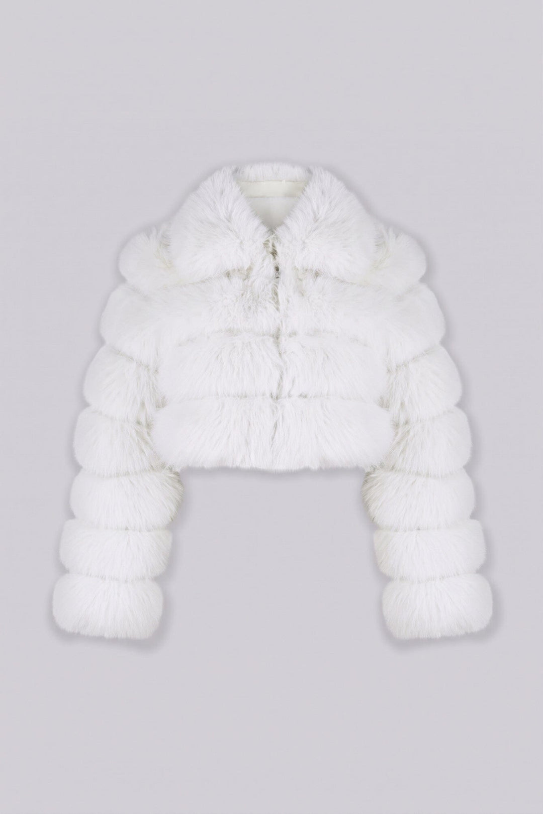 Cropped faux fur jacket with oversized collar and horizontal panel detail throughout