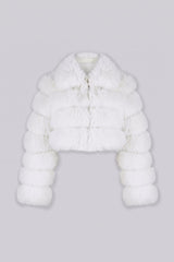 Cropped faux fur jacket with oversized collar and horizontal panel detail throughout