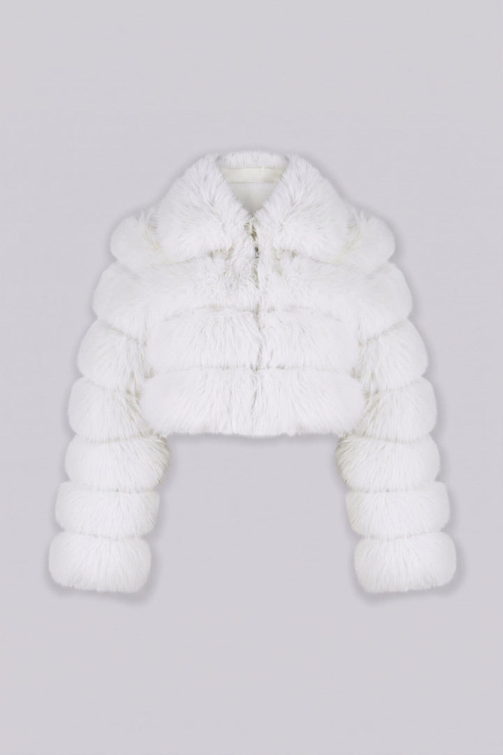 Cropped faux fur jacket with oversized collar and horizontal panel detail throughout