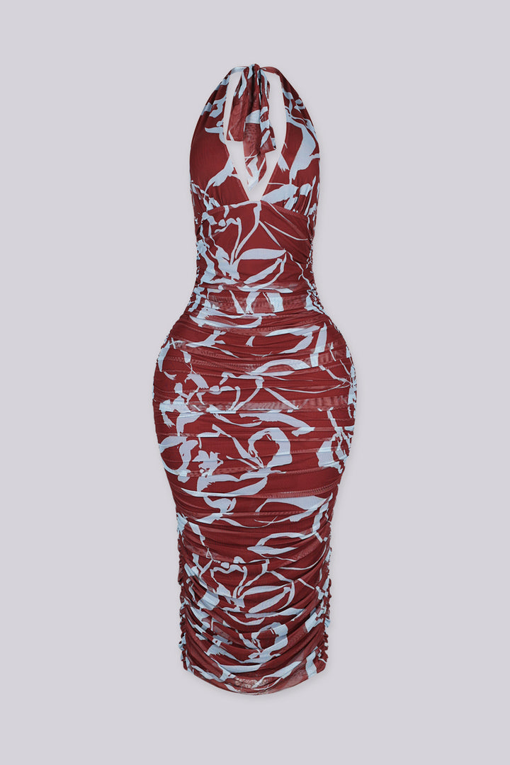 Bodycone silhouette mesh halter neckline dress with a deep plunging V front