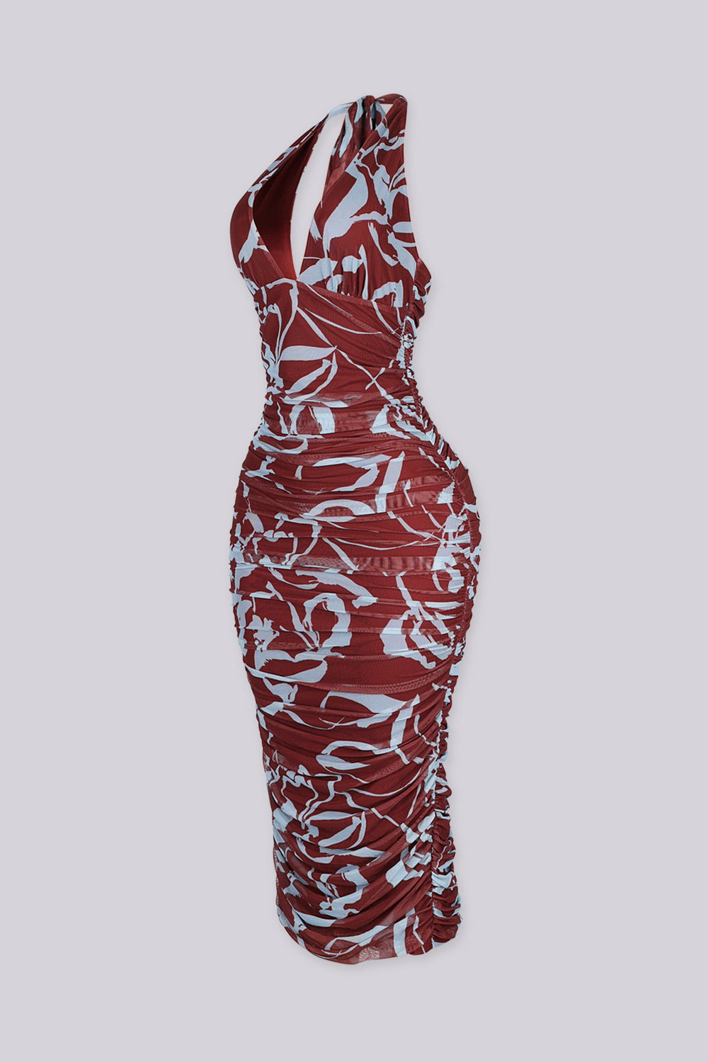 Bodycone silhouette mesh halter neckline dress with a deep plunging V front
