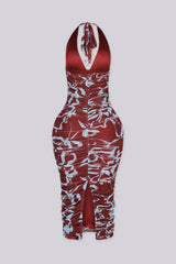 Bodycone silhouette mesh halter neckline dress with a deep plunging V front