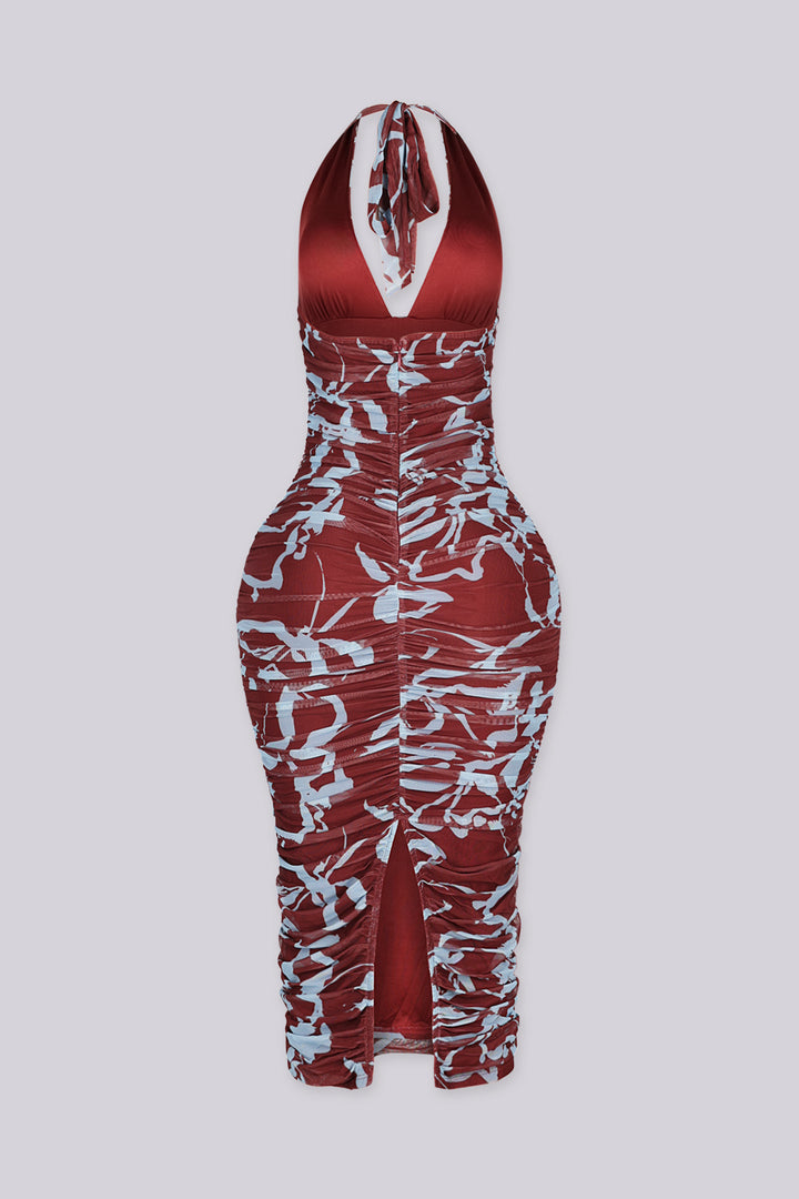 Bodycone silhouette mesh halter neckline dress with a deep plunging V front