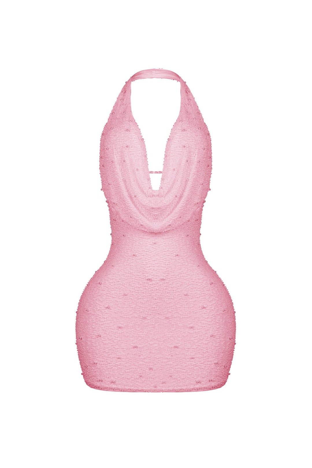 EDGE — pink mesh pearl mini dress, front view flat lay