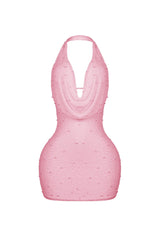 EDGE — pink mesh pearl mini dress, front view flat lay