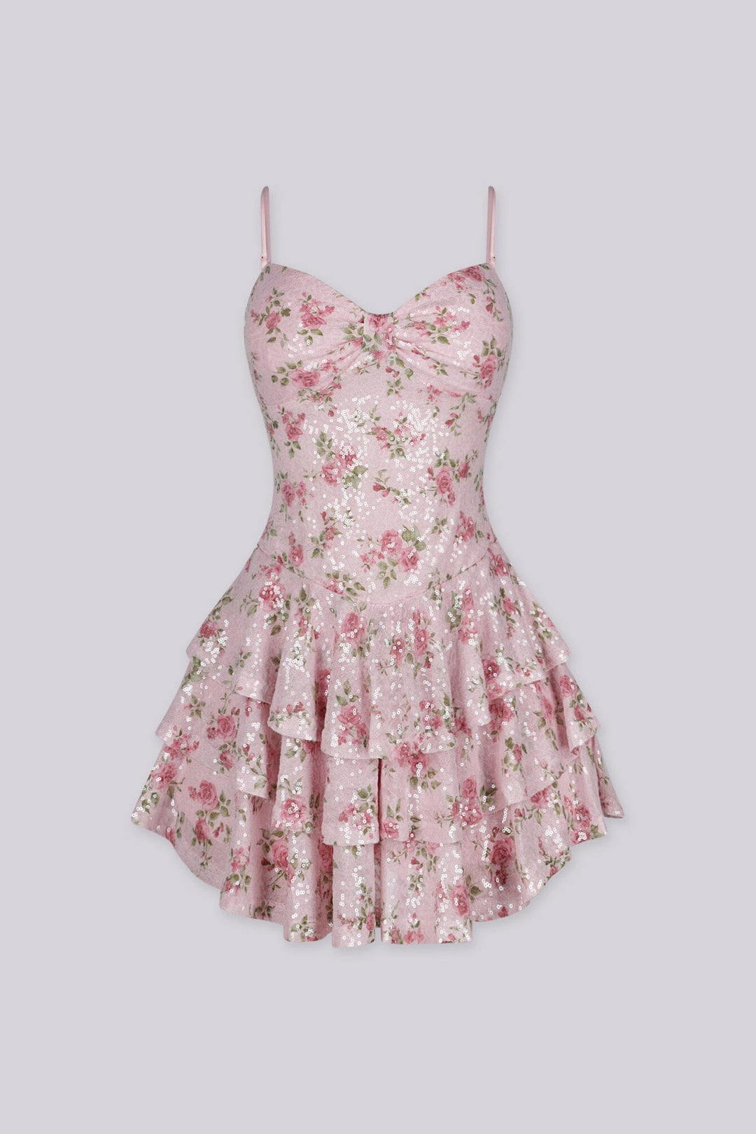 Floral print fitted bodice mini dress with tiered ruffle skirt featuring shimmering clear sequins