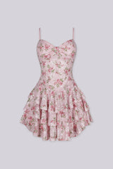Floral print fitted bodice mini dress with tiered ruffle skirt featuring shimmering clear sequins