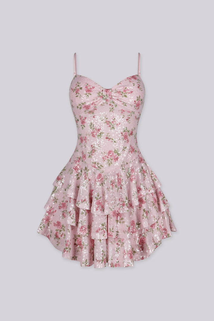 Floral print fitted bodice mini dress with tiered ruffle skirt featuring shimmering clear sequins