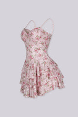 Floral print fitted bodice mini dress with tiered ruffle skirt featuring shimmering clear sequins