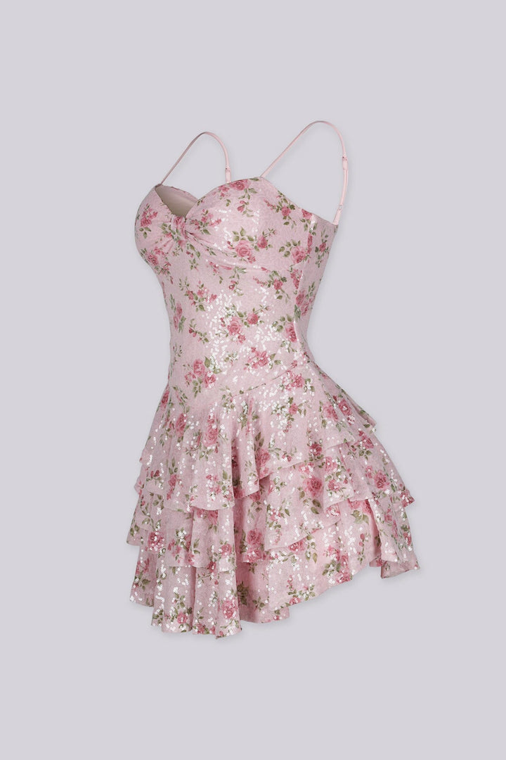 Floral print fitted bodice mini dress with tiered ruffle skirt featuring shimmering clear sequins