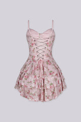 Floral print fitted bodice mini dress with tiered ruffle skirt featuring shimmering clear sequins