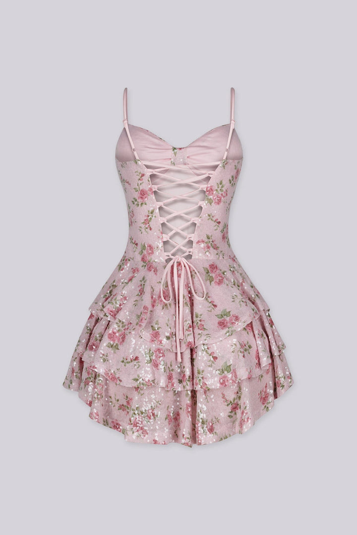 Floral print fitted bodice mini dress with tiered ruffle skirt featuring shimmering clear sequins