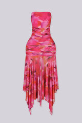 Strapless mesh tube dress featuring ruched overlay detail