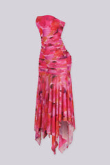 Strapless mesh tube dress featuring ruched overlay detail