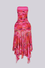 Strapless mesh tube dress featuring ruched overlay detail