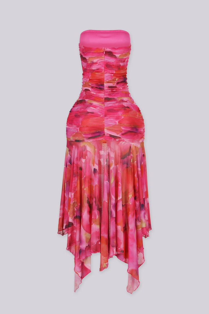 Strapless mesh tube dress featuring ruched overlay detail