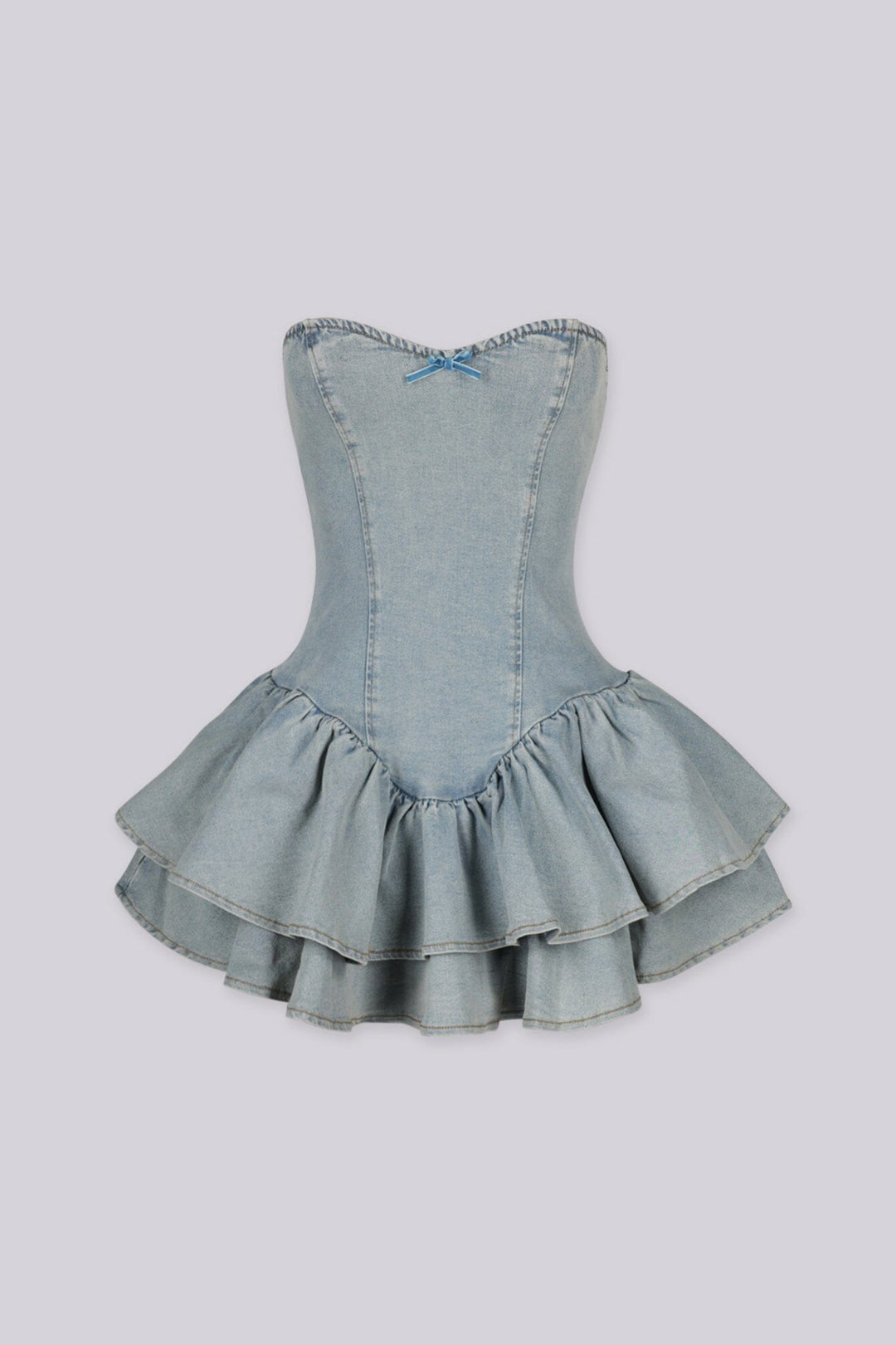 Light wash denim mini dress featuring a strapless sweetheart neckline