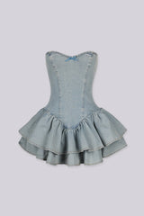 Light wash denim mini dress featuring a strapless sweetheart neckline