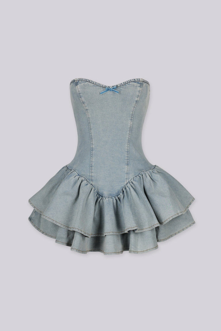 Light wash denim mini dress featuring a strapless sweetheart neckline