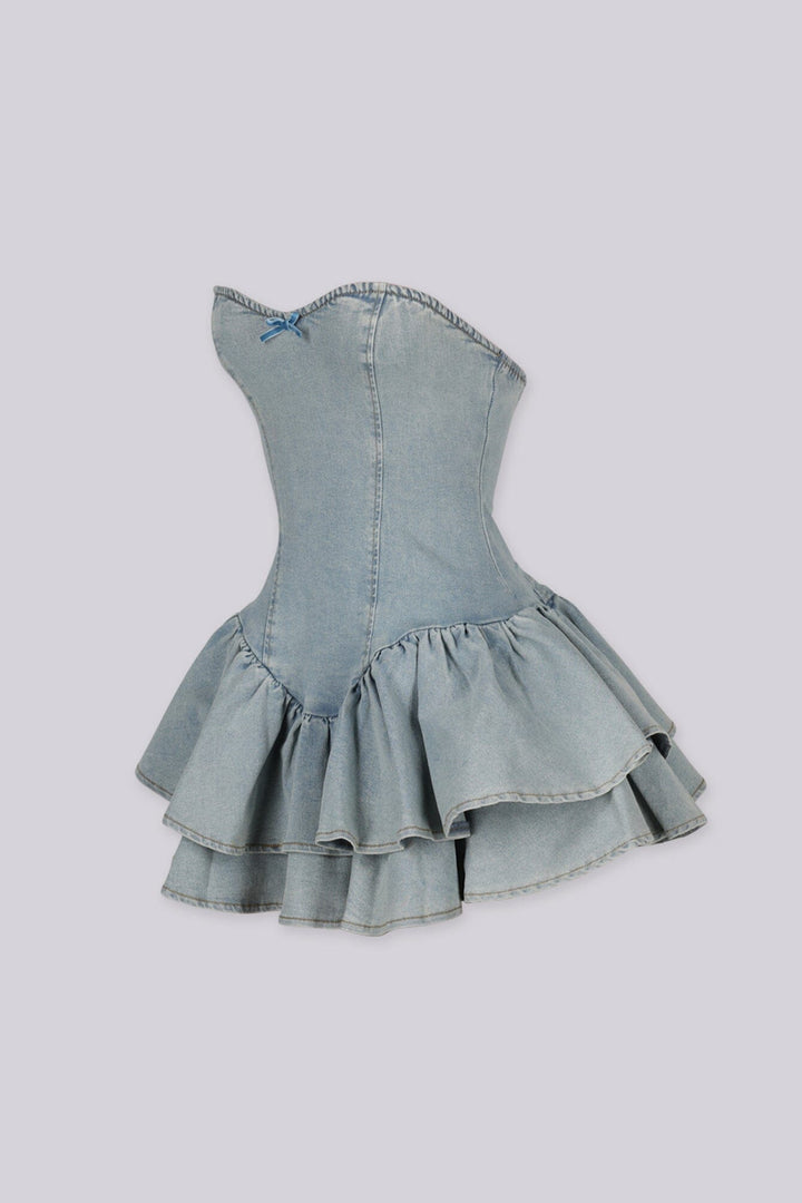 Light wash denim mini dress featuring a strapless sweetheart neckline
