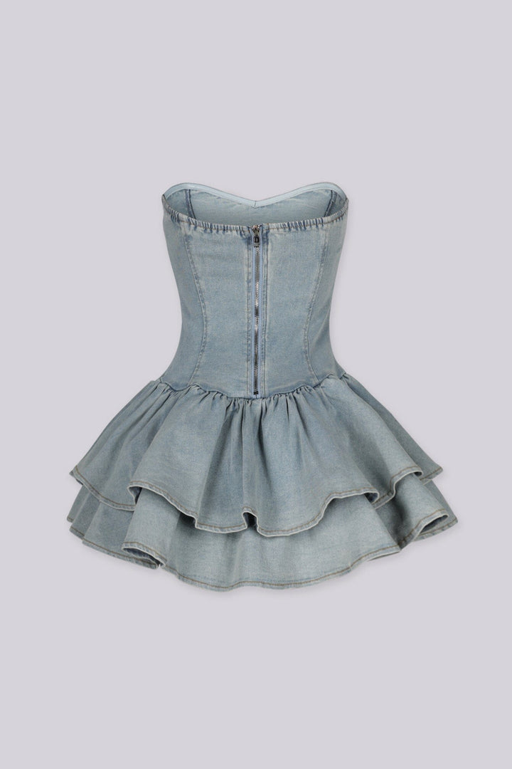 Light wash denim mini dress featuring a strapless sweetheart neckline