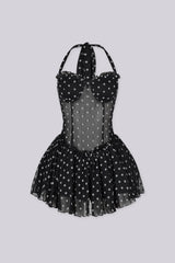 Polka dot halter mini dress with mesh sheer corset bodice and structured underwire cups