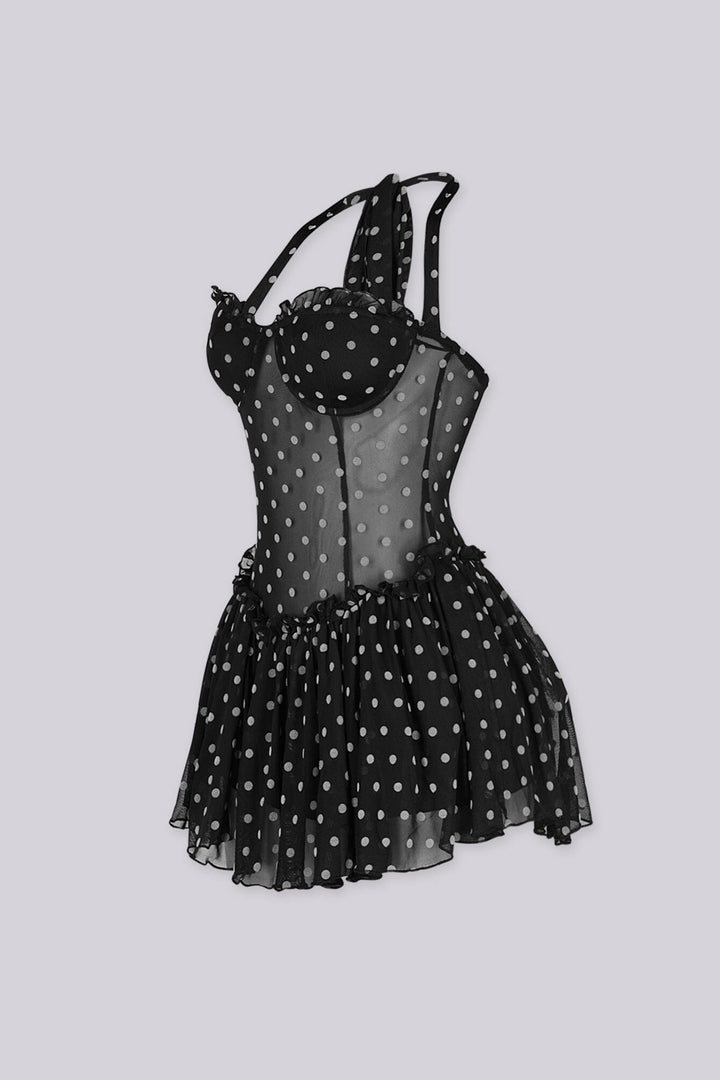 Polka dot halter mini dress with mesh sheer corset bodice and structured underwire cups