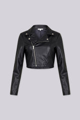 Cropped moto jacket with a notched collar featuring snap button tabs and an asymmetric front zip