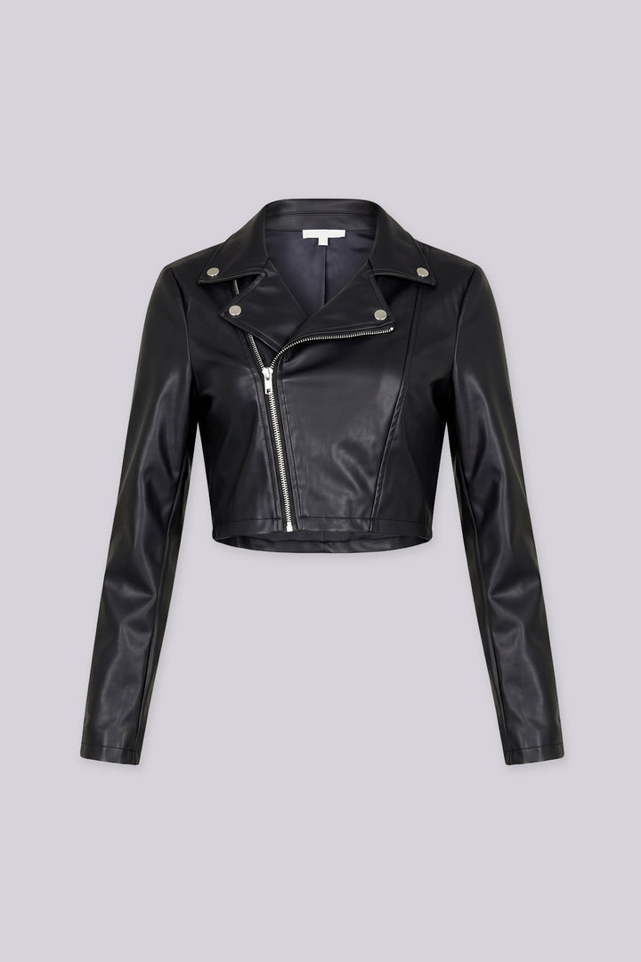 Cropped moto jacket with a notched collar featuring snap button tabs and an asymmetric front zip