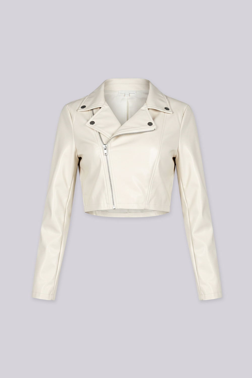 Cropped moto jacket with a notched collar featuring snap button tabs and an asymmetric front zip