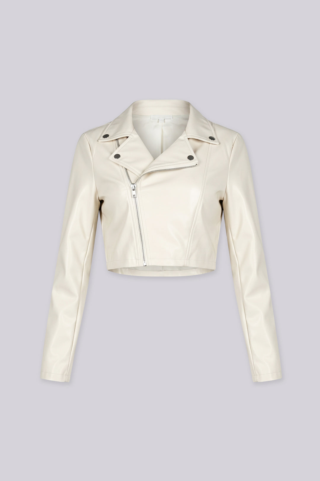 Cropped moto jacket with a notched collar featuring snap button tabs and an asymmetric front zip