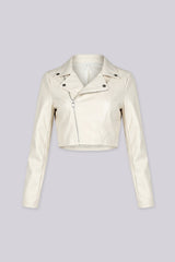 Cropped moto jacket with a notched collar featuring snap button tabs and an asymmetric front zip