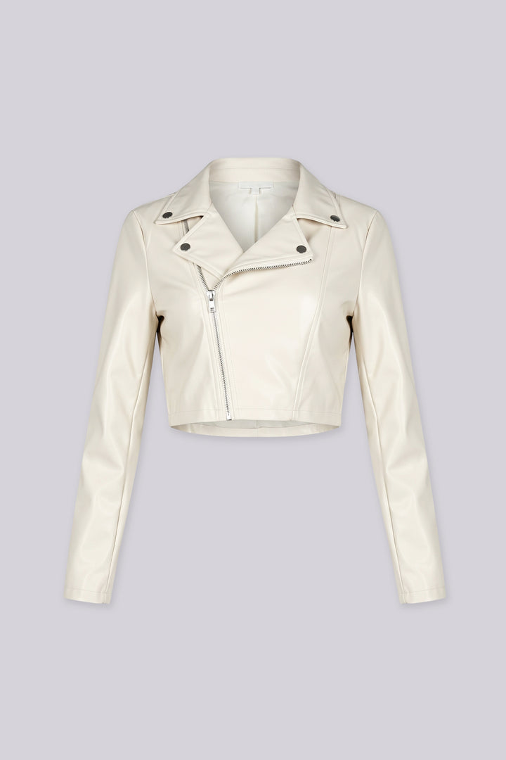 Cropped moto jacket with a notched collar featuring snap button tabs and an asymmetric front zip