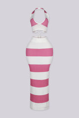 Striped ribbed knit halter crop top with a lace up back closure, pink front view.