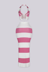 Striped ribbed knit halter crop top with a lace up back closure, pink back view.