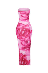 Floral print bodycon tube top maxi dress featuring high side slit