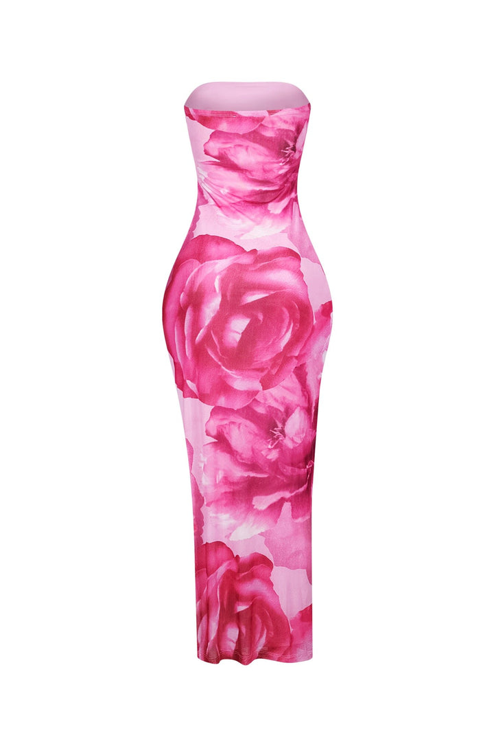 Floral print bodycon tube top maxi dress featuring high side slit