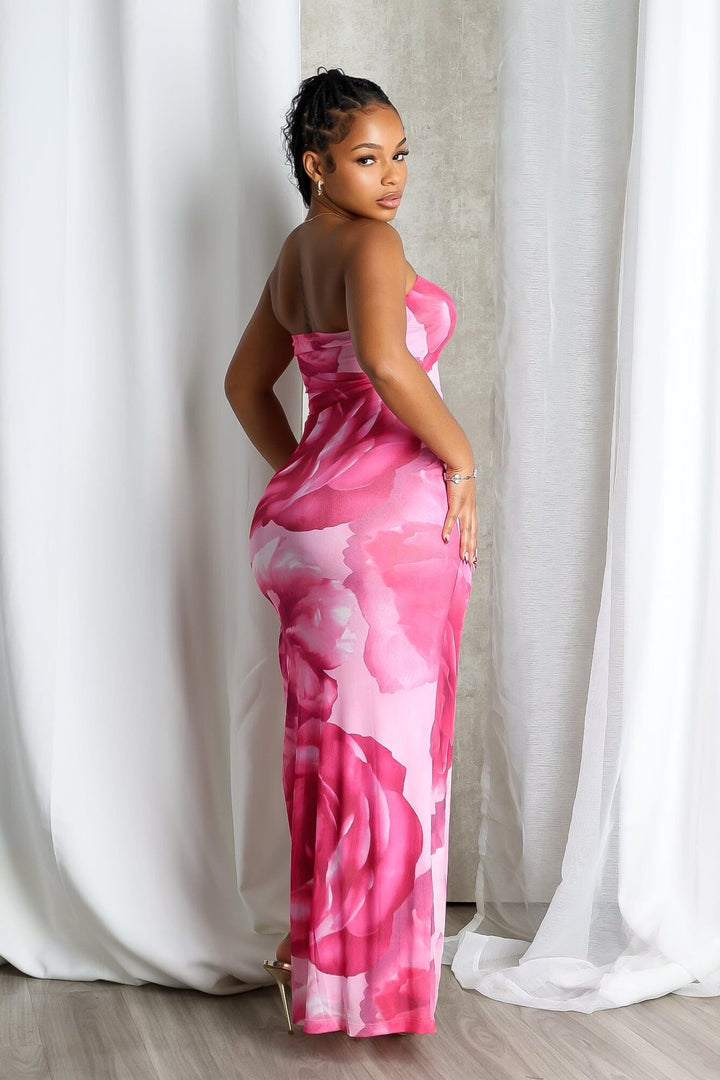 Floral print bodycon tube top maxi dress featuring high side slit