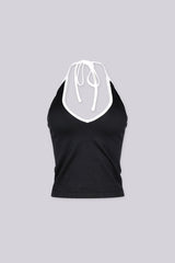 Contrast binding halter tank top with deep plunging neckline
Open back with adjustable tie closure