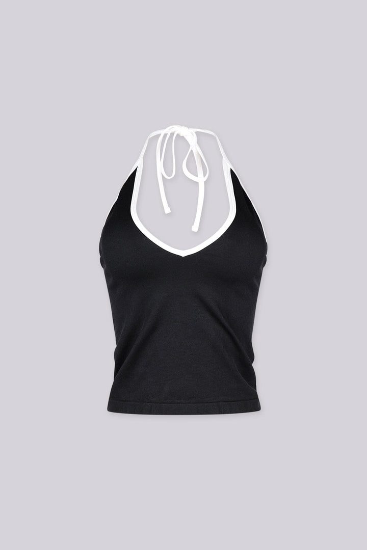 Contrast binding halter tank top with deep plunging neckline
Open back with adjustable tie closure