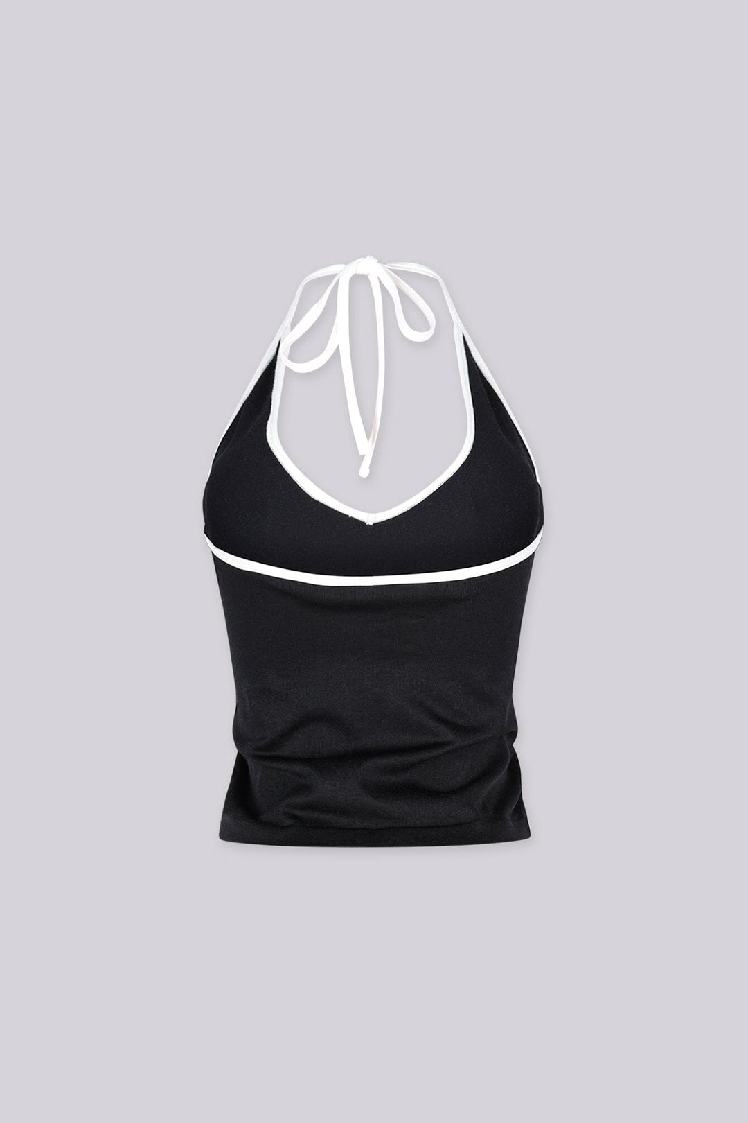 Contrast binding halter tank top with deep plunging neckline
Open back with adjustable tie closure