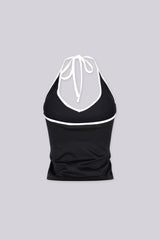 Contrast binding halter tank top with deep plunging neckline
Open back with adjustable tie closure