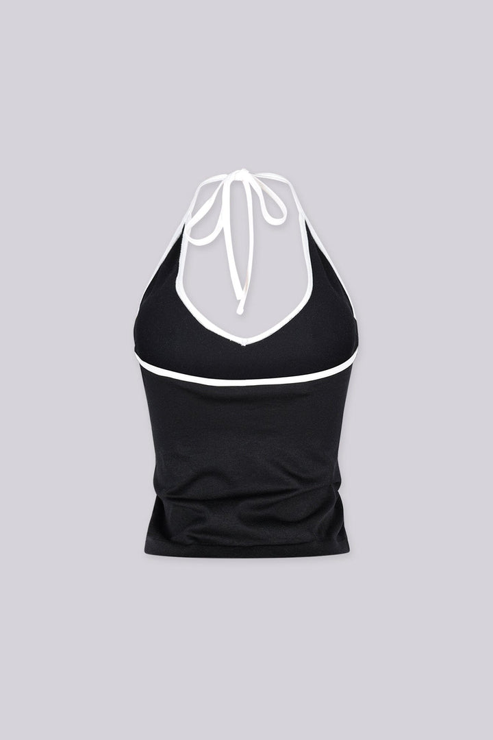 Contrast binding halter tank top with deep plunging neckline
Open back with adjustable tie closure