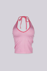 Contrast binding halter tank top with deep plunging neckline
Open back with adjustable tie closure