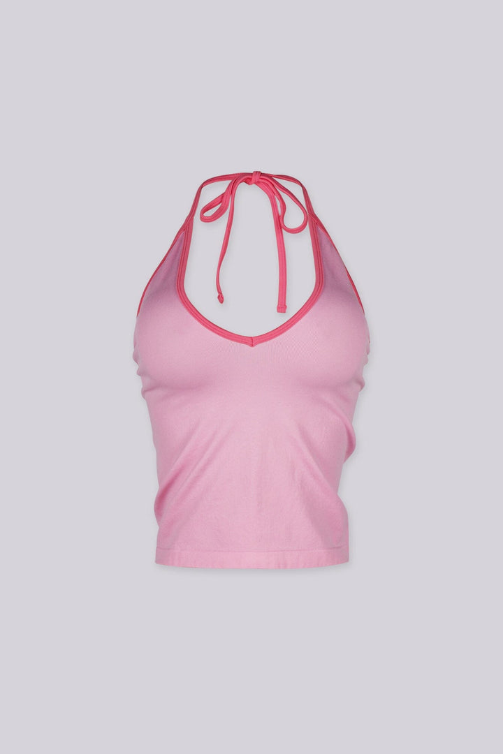 Contrast binding halter tank top with deep plunging neckline
Open back with adjustable tie closure