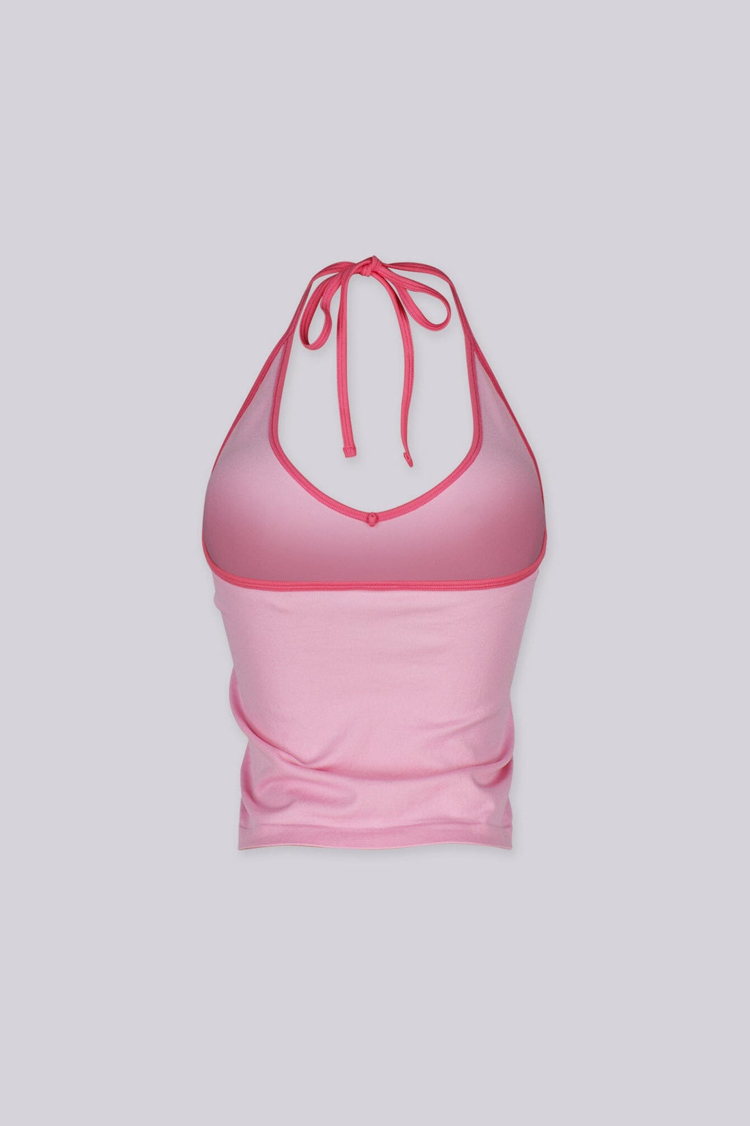 Contrast binding halter tank top with deep plunging neckline
Open back with adjustable tie closure