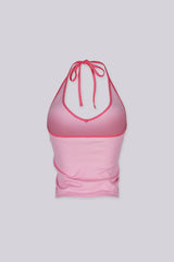 Contrast binding halter tank top with deep plunging neckline
Open back with adjustable tie closure