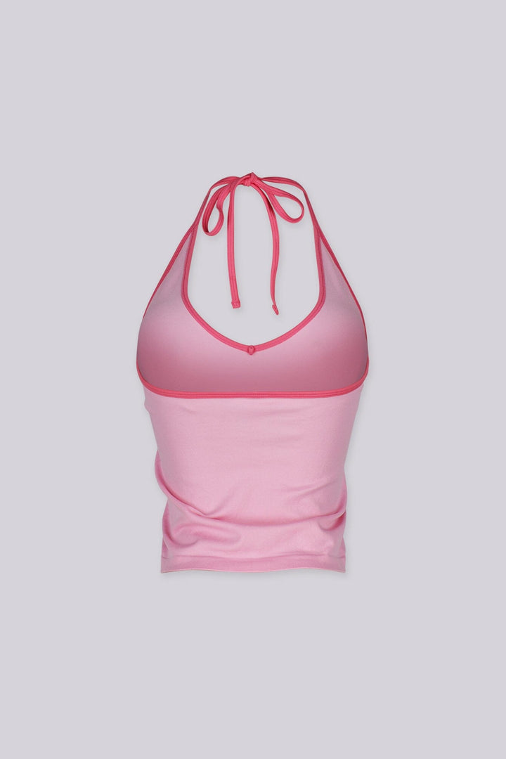 Contrast binding halter tank top with deep plunging neckline
Open back with adjustable tie closure